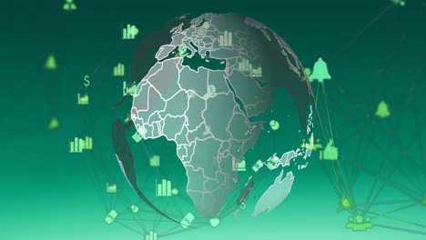 animation of network of connections with icons over globe on green background