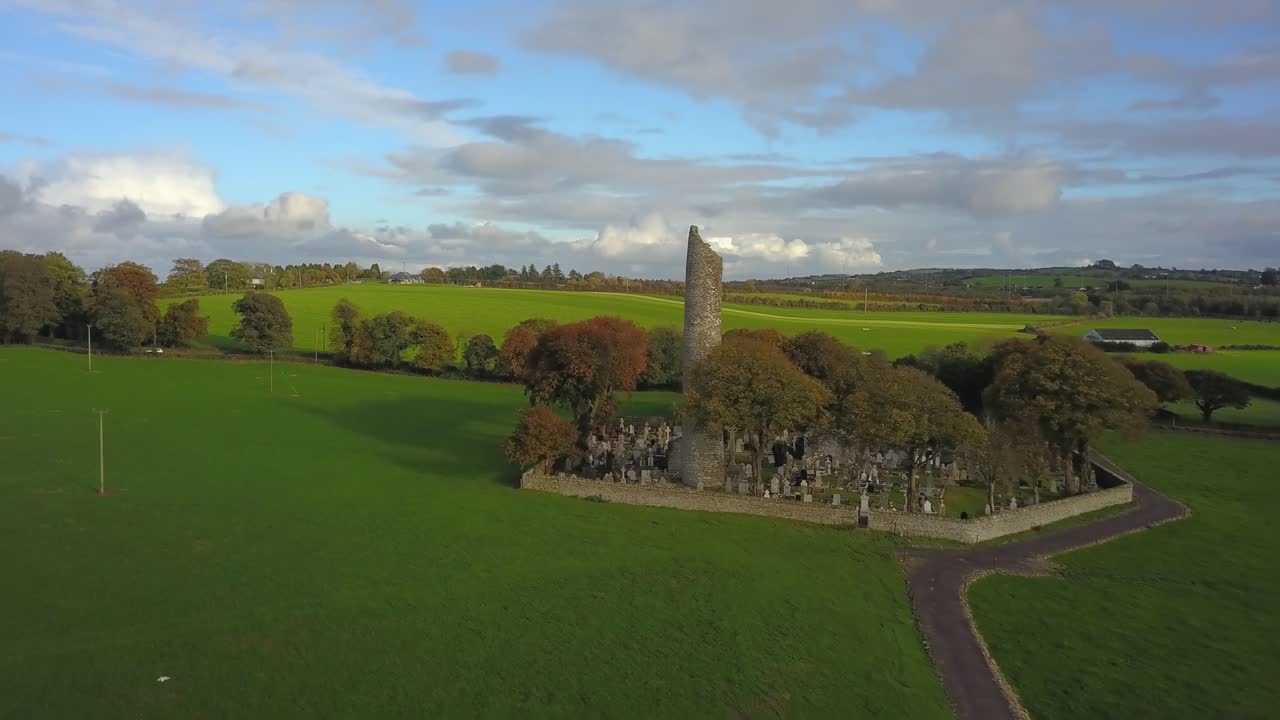 Monasterboice monastery round tower drone reveal shot
