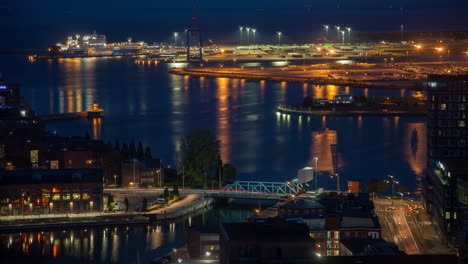 malmo skyline night with port harbor