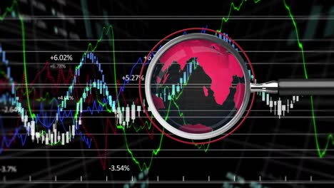 Animation-of-world-map-and-magnifying-glass-over-financial-data-processing