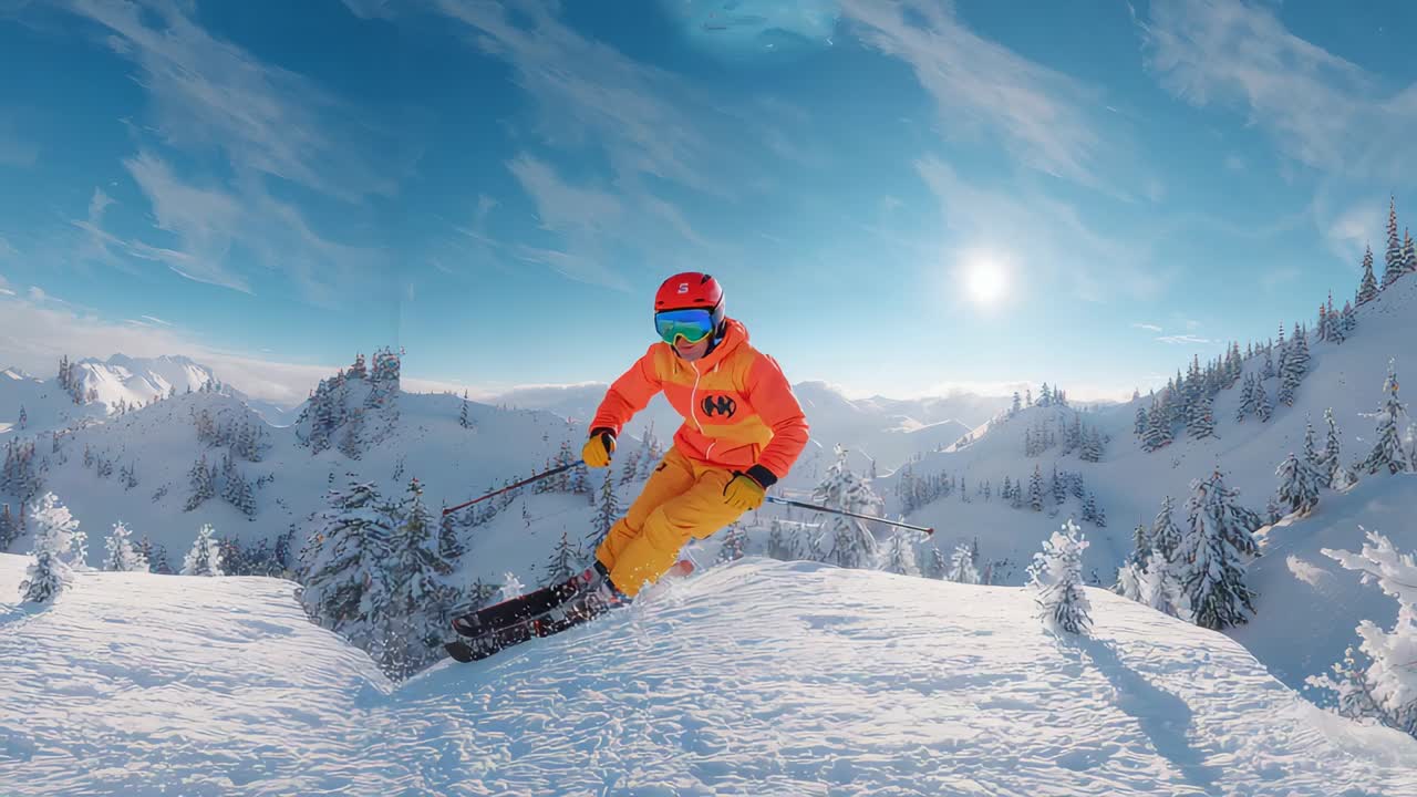 Leaning skier carving and planting poles to control speed on alpine run wearing orange jacket, skis