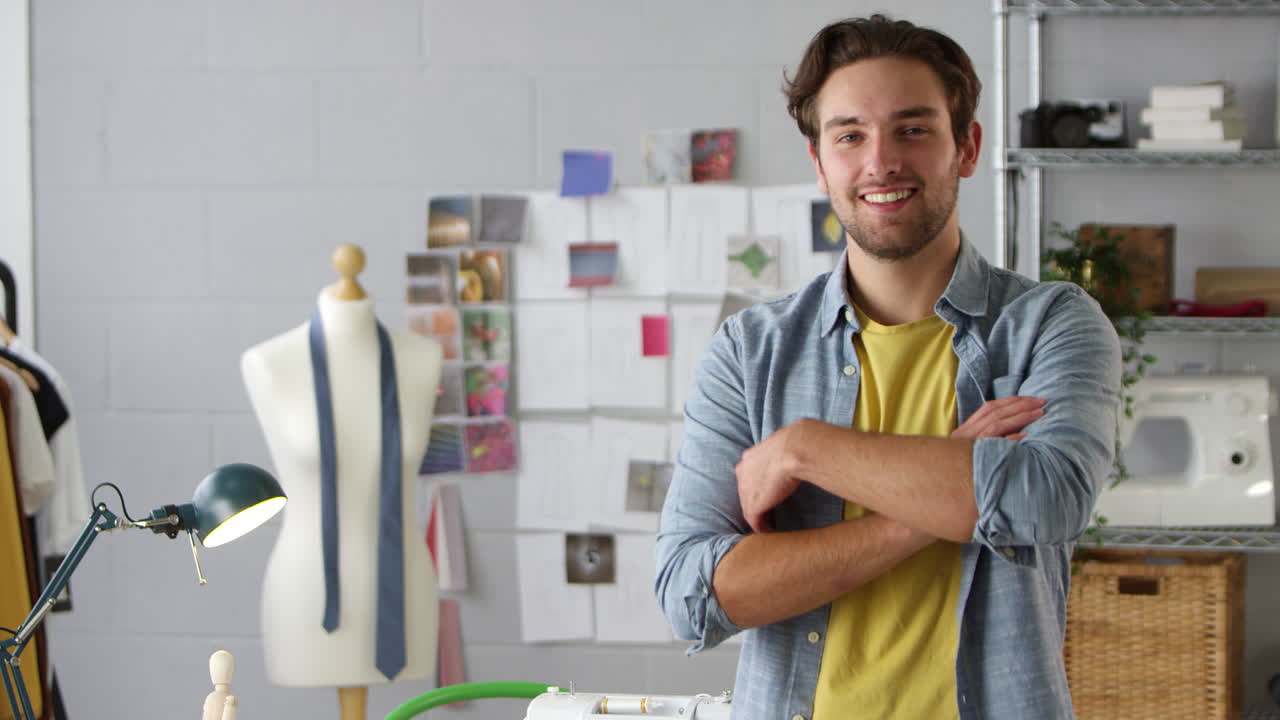 retrato de un estudiante de sexo masculino sonriente o dueño de un negocio que trabaja en la moda por escritorio