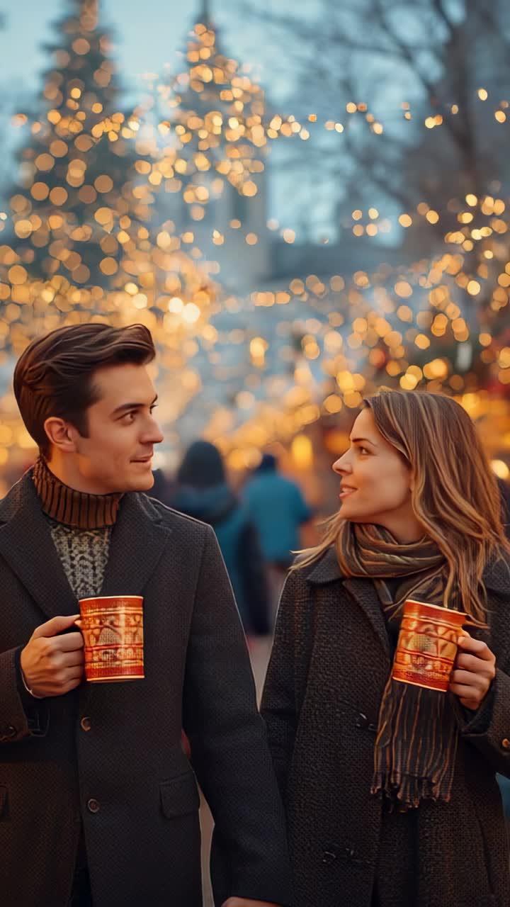 Vertical video: Arriving couple holding hands sipping mugs strolling holiday market lit by lights