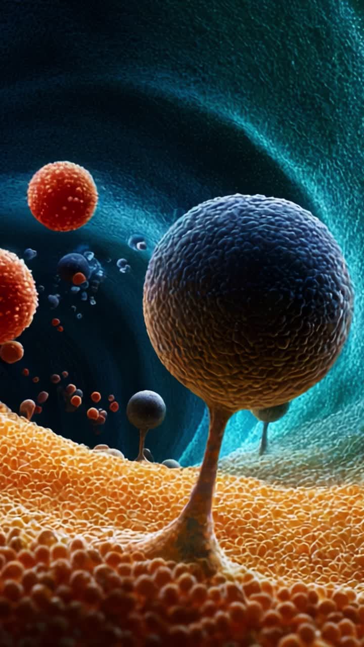 Udforskning af mikroskopiske verdener: En fantastisk visualisering af cellulære strukturer og interaktioner i dybet af et biologisk miljø