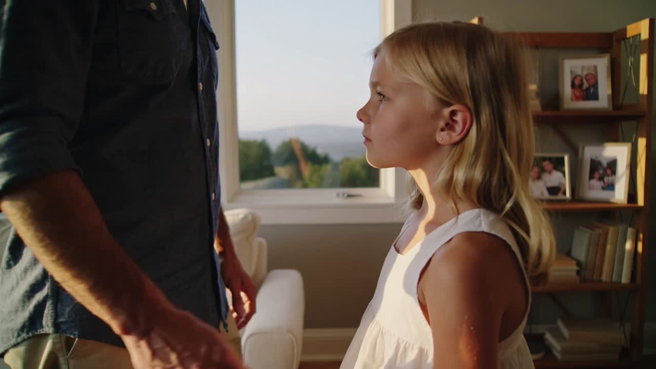 Approaching father placing hand on daughter shoulder while passing by in white dress, copy space