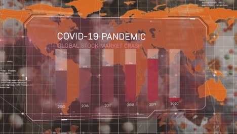 animation of statistics, covid 19 text and cells over world map