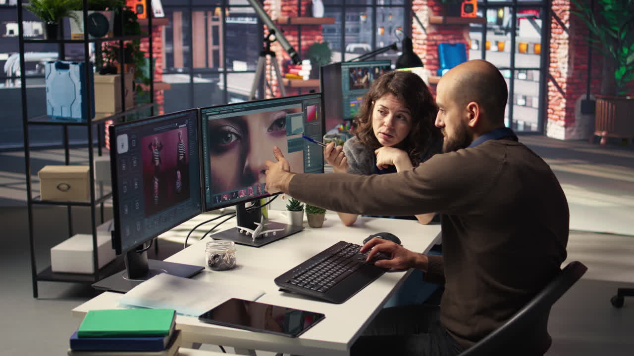 Professional photo editor interacts with AI chatbot and retouching software