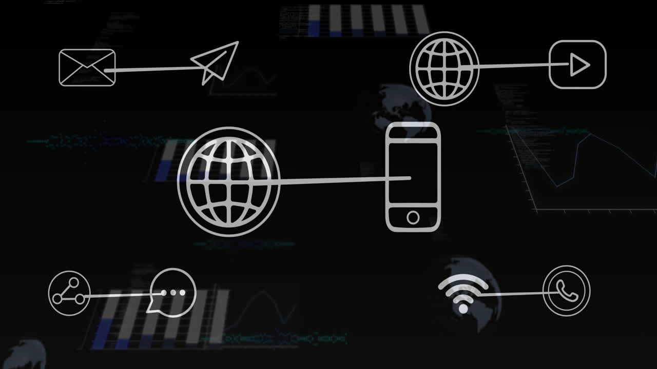 Animation of digital communication icons over data analytics in school setting