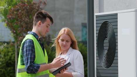 the specialist explains to the customer the principle of operation of the heat pump