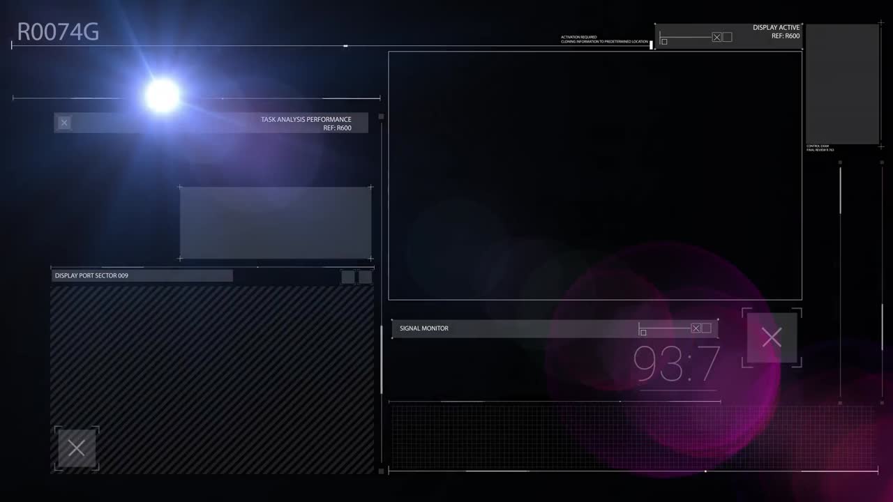 Animation of data processing over screens and dark background