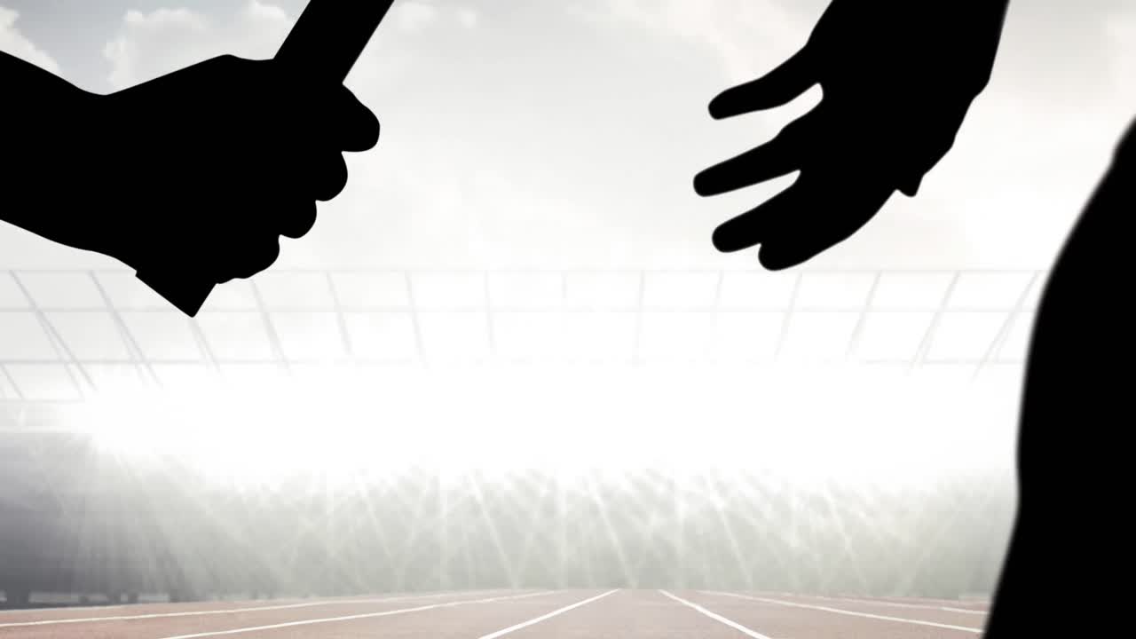 Animation of silhouette of athlete's relay over sports stadium