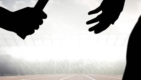 Animation-of-silhouette-of-athlete's-relay-over-sports-stadium