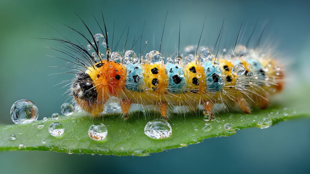 A Colorful Caterpillar Covered in Droplets: A Close-Up View of Nature's Intricate Details and the Beauty of Life on a Leaf