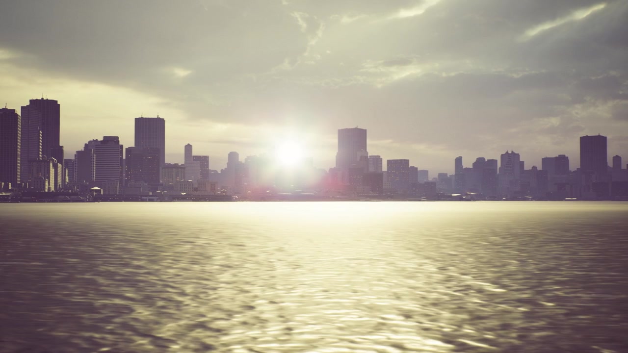 Nascer do Sol Dourado Ilumina a Cidade Pela Superfície da Água Cintilante