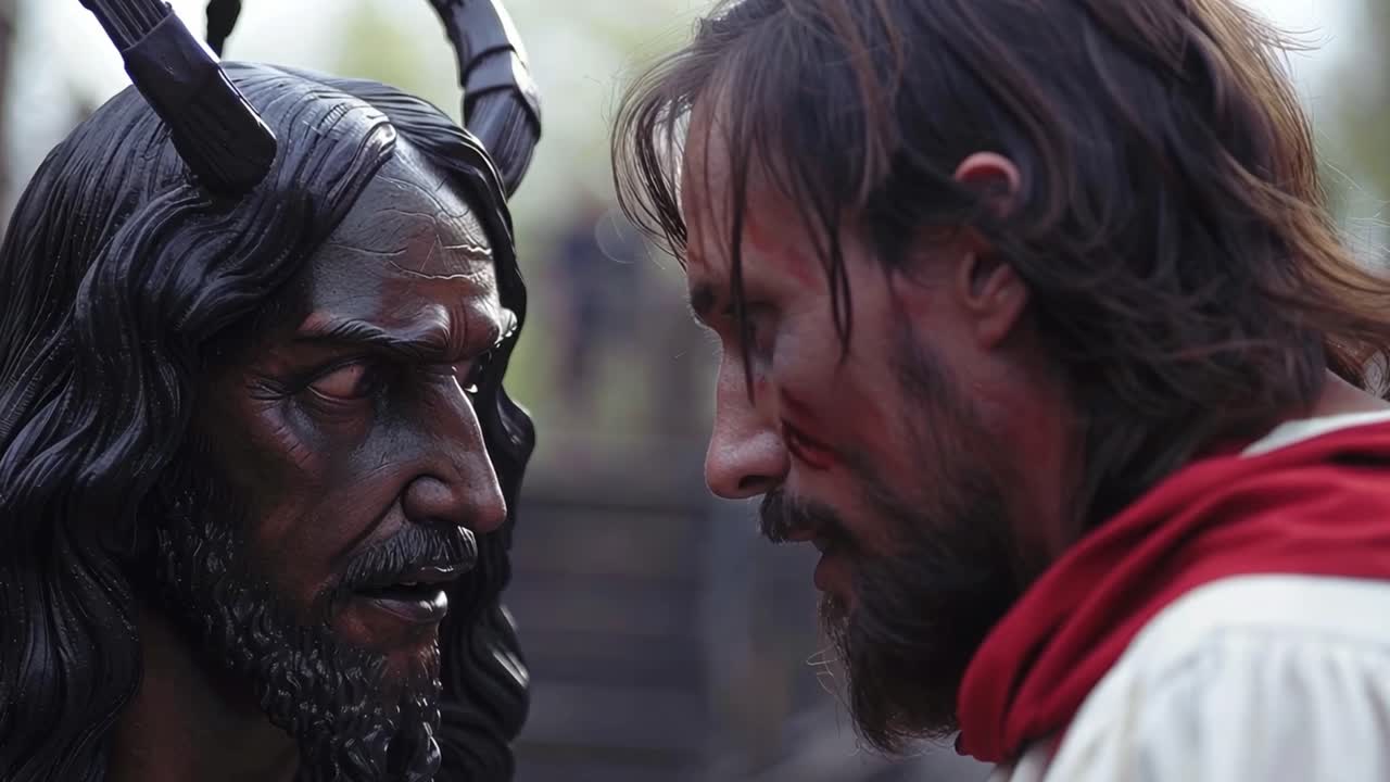 Man Faces Horned Demonic Statue in Intense Confrontation