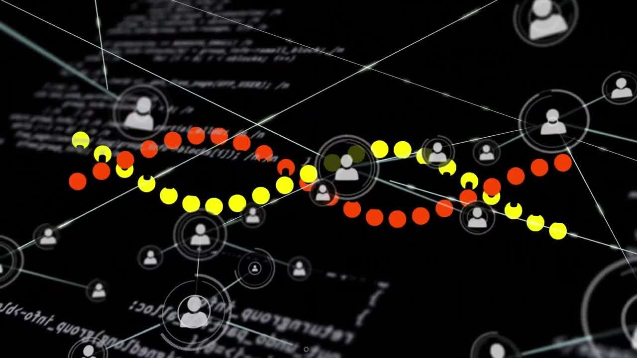 animación de la cadena de adn, la red de conexiones y el procesamiento de datos sobre un fondo negro