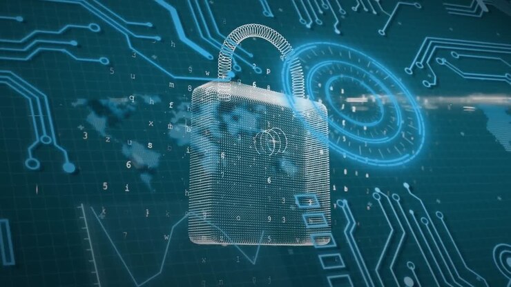 Animation of integrated circuit and digital security padlock over blue background