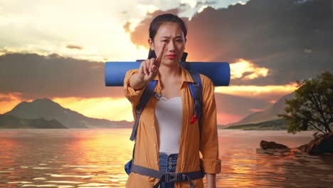 excursionista femenina asiática con mochila de montañismo que no muestra ningún gesto con el dedo índice mientras está de pie en un lago durante la hora del atardecer
