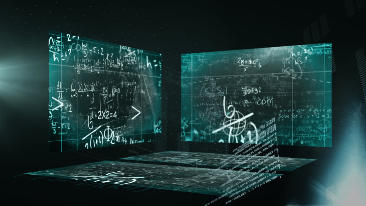 Animation of data processing with mathematical equations on black background