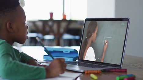afrikaans-amerikaanse jongen die een videogesprek heeft op een laptop terwijl hij thuis huiswerk doet