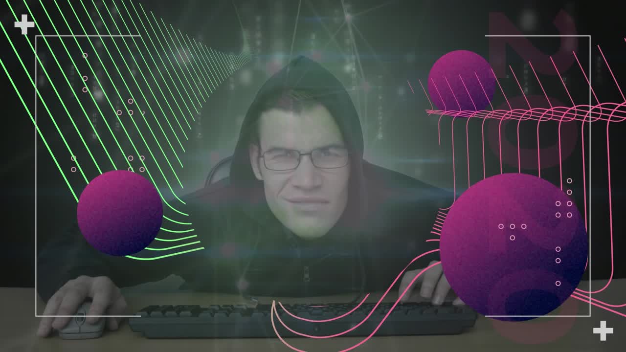 A digital animation of a hacker surfing on data
