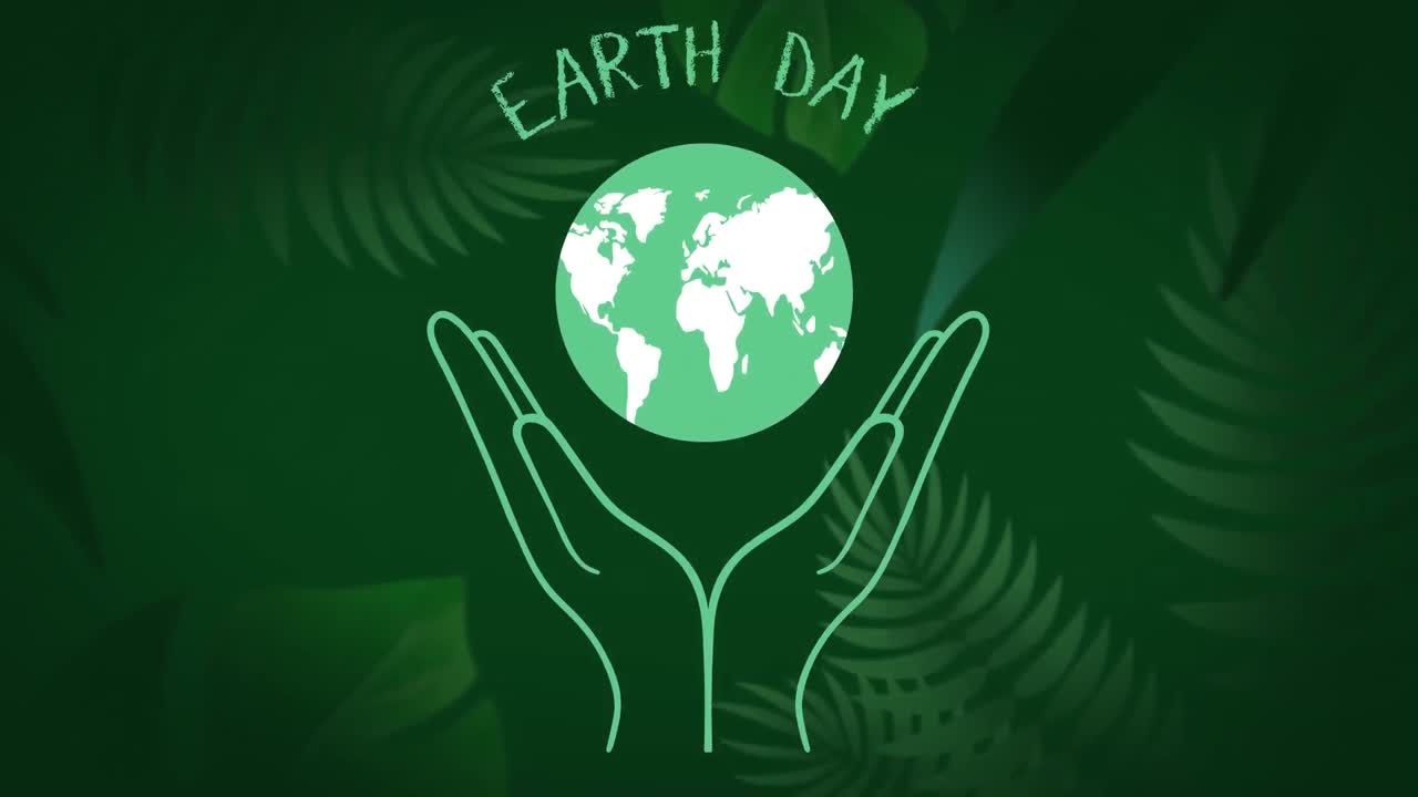 초록색 정글 배경 에 지구 를 들고 있는 손 들 의 애니메이션