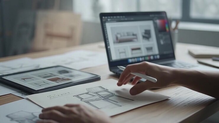 Møbeldesigner arbejder på tablet og bærbar computer i studie