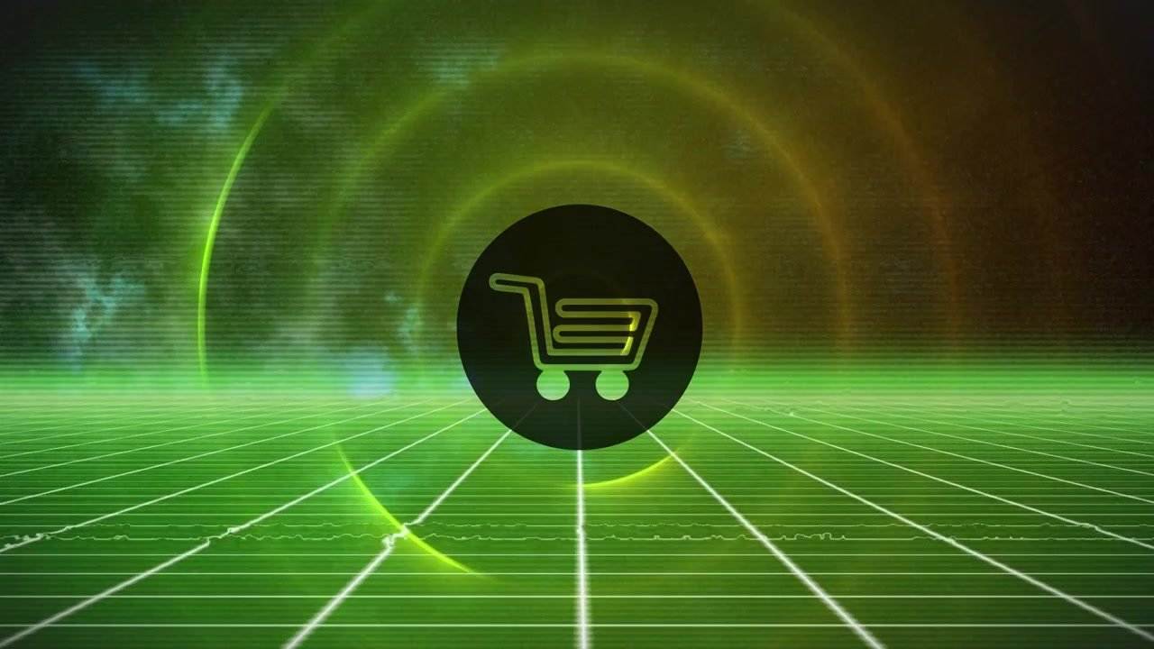 Animation of shopping cart icon over circles in green digital space