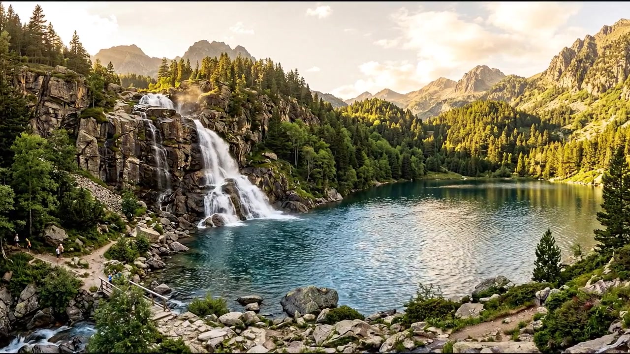 Cascada en un río de montaña boscoso