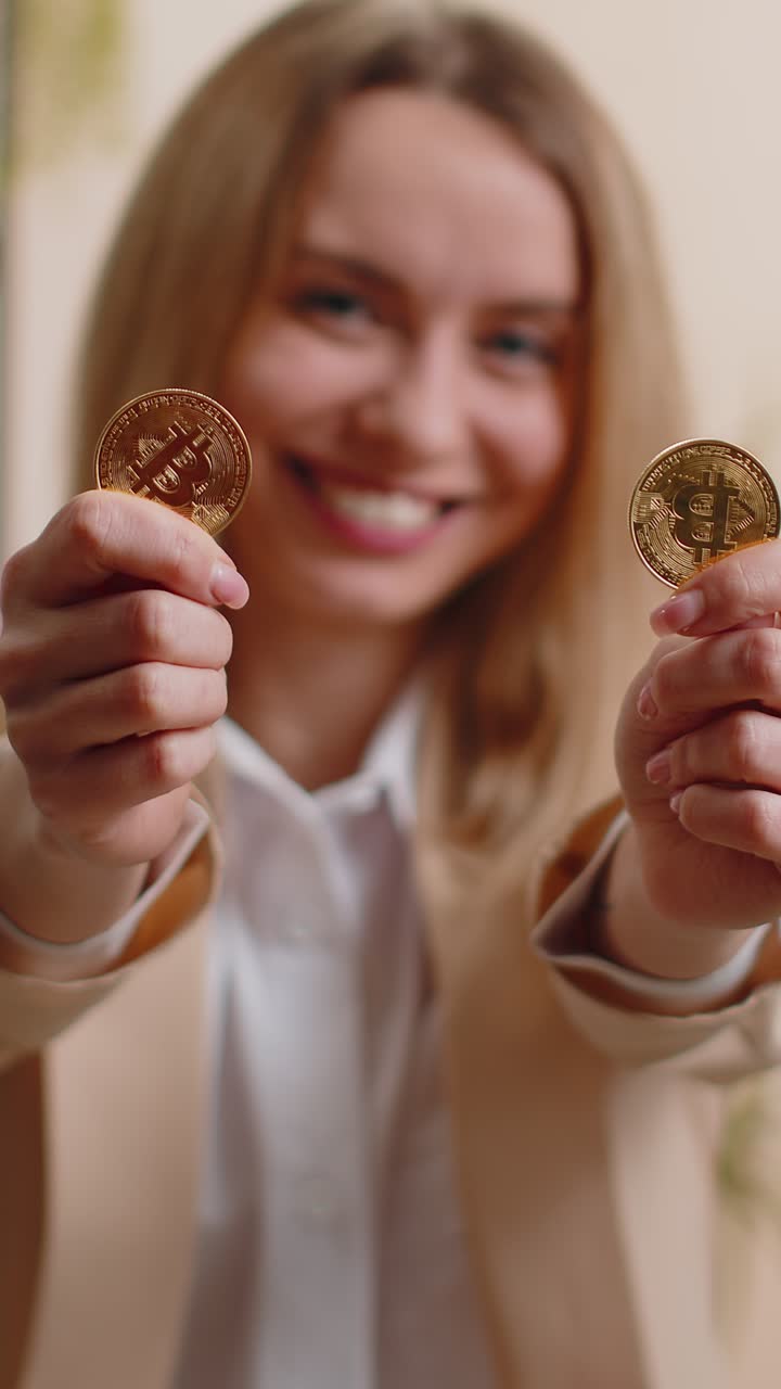 Empresária comerciante de ações ganhando conta bitcoins online monitoramento de operações de negociação no escritório