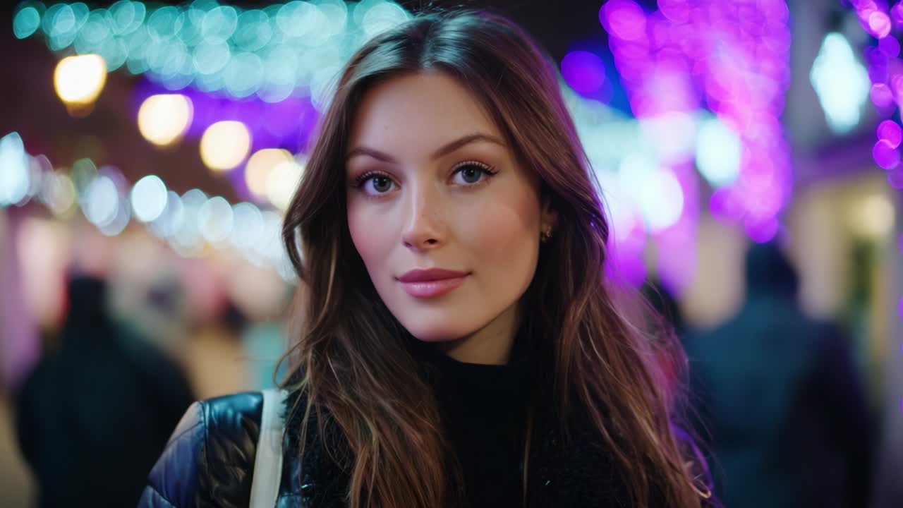 A captivating close-up portrait of a young woman with beautiful features, set against a backdrop of vibrant holiday lights, showcasing the enchanting atmosphere of nighttime festivities and celebrations