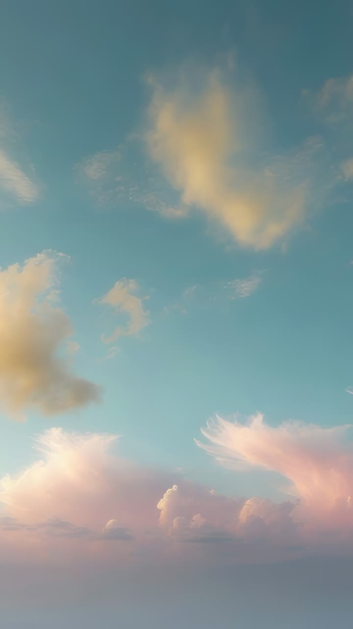 Vertical video: Panning camera revealing golden cloud drifting out, pink cumulus floating at sunset
