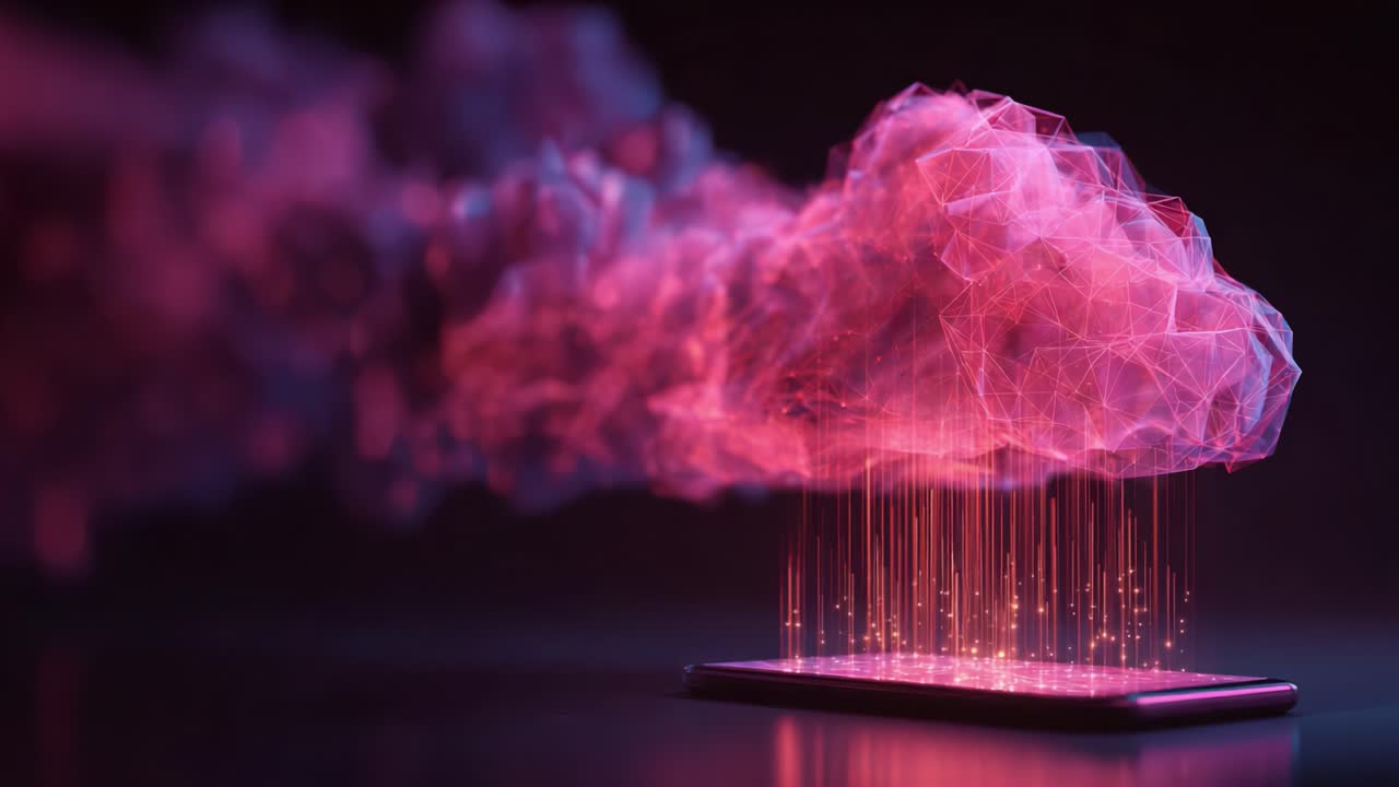 A Stunning Visualization of Cloud Computing and Data Transfer with a Vibrant Pink Cloud Above a Smartphone, Representing Modern Technology and Digital Innovation