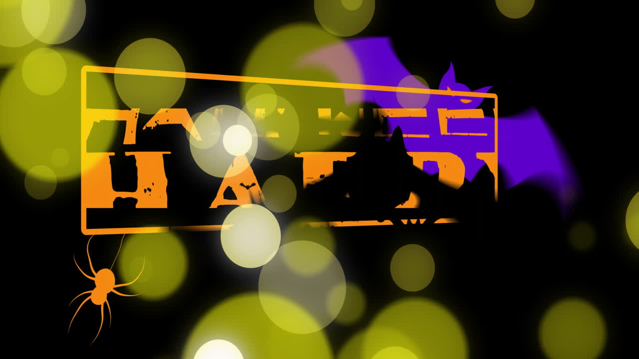 Halloween stamp animating on black canvas, with glowing bokeh lights, purple bat and hanging spider