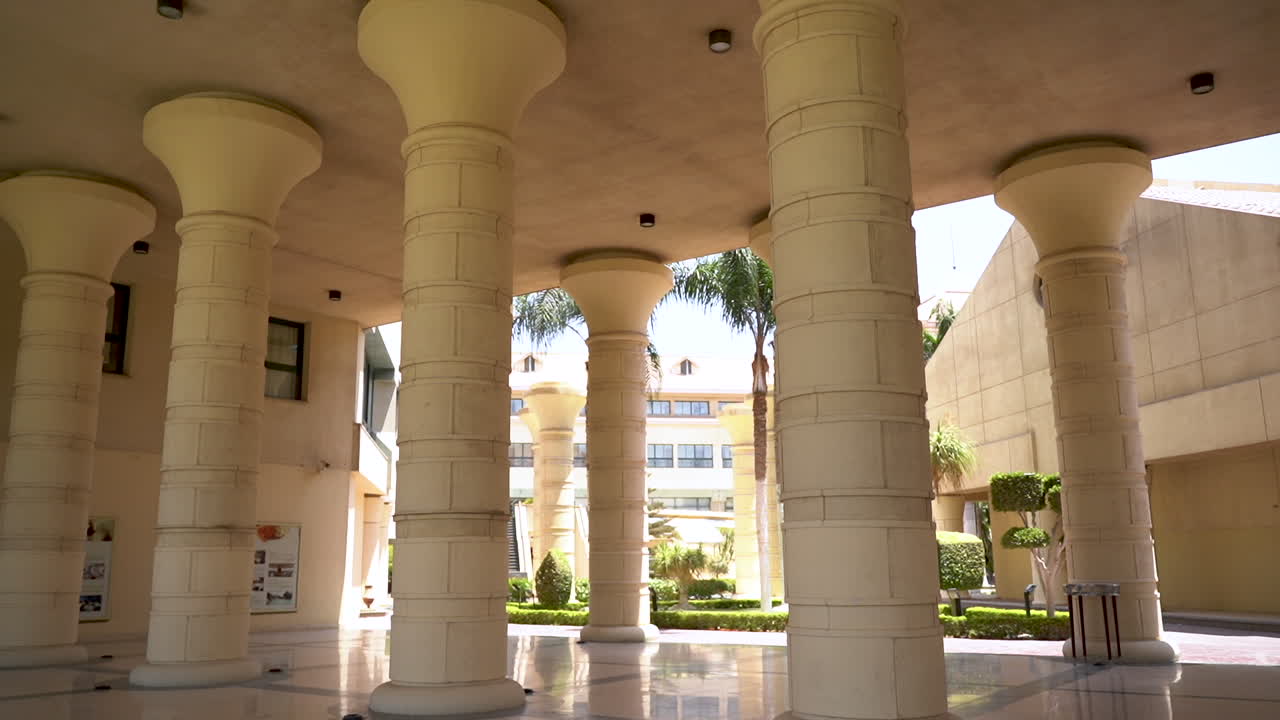 un gran edificio con columnas y palmeras
