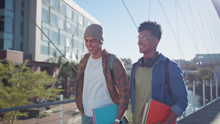 Due studenti universitari che camminano nel campus