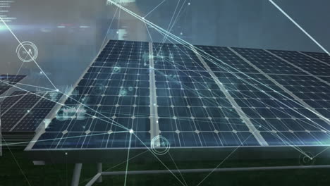 solar panels processing data with network connections in animated graphic