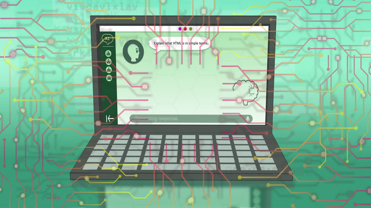 animación de un chat y procesamiento de datos en la pantalla de la computadora portátil