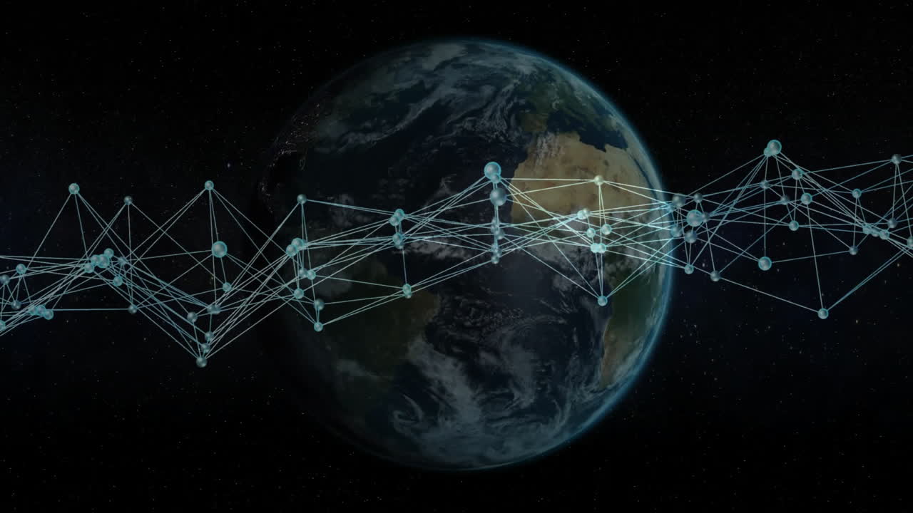 Network of connections and data processing animation over Earth in space