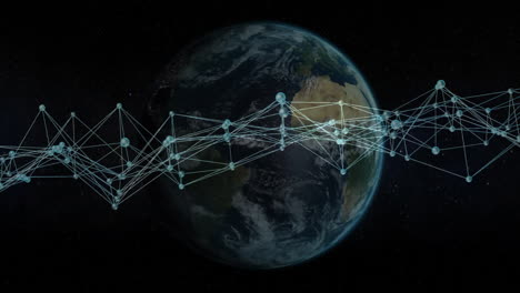 Network of connections and data processing animation over Earth in space