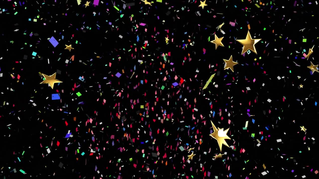 Animation of confetti and stars on black background