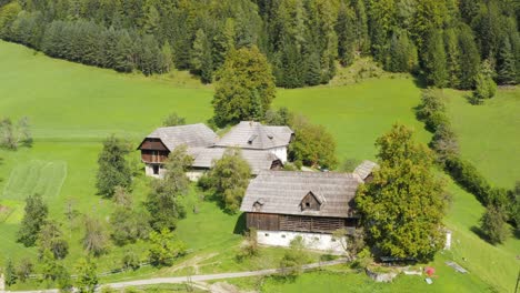 aerial view over wooden timber building on foot of forested hillside in slovenia