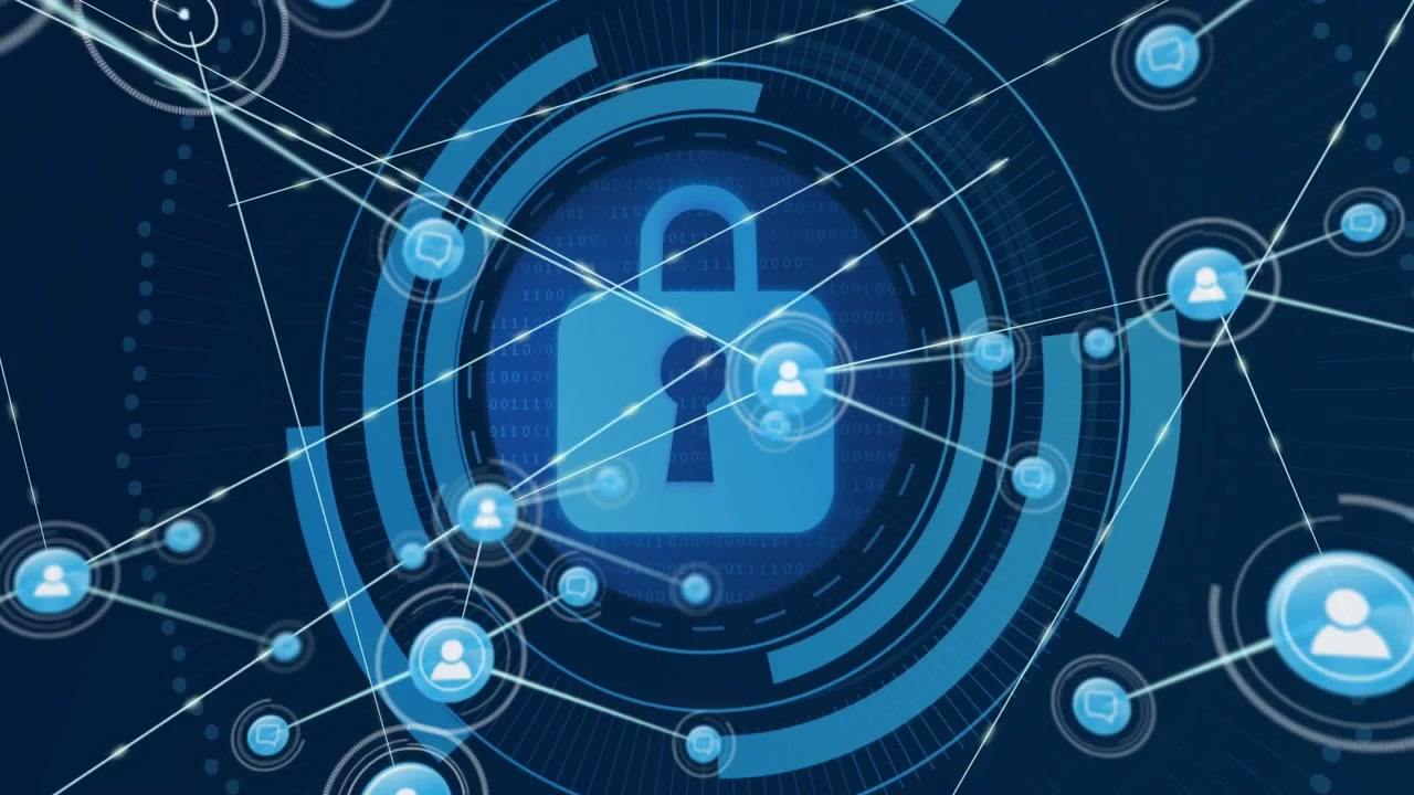 User icon sending links, forming HUD rings around padlock and expanding secure network