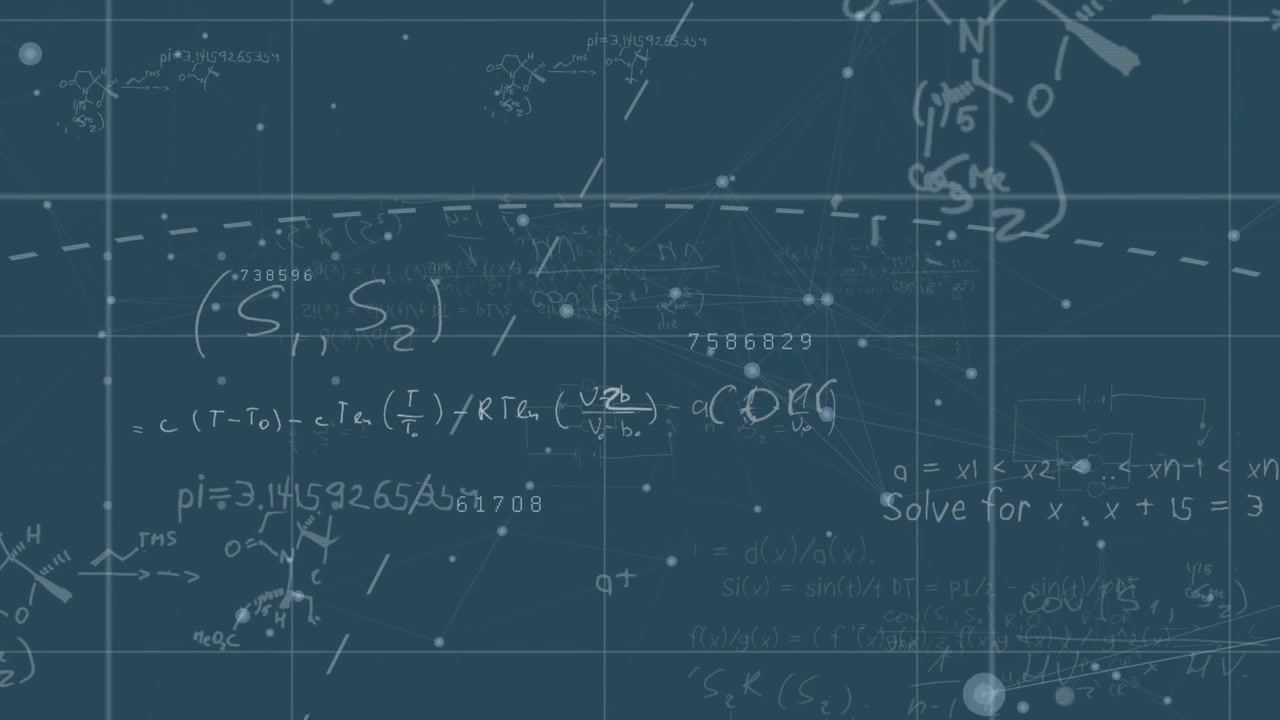 Animation of mathematical equations and data processing over black background