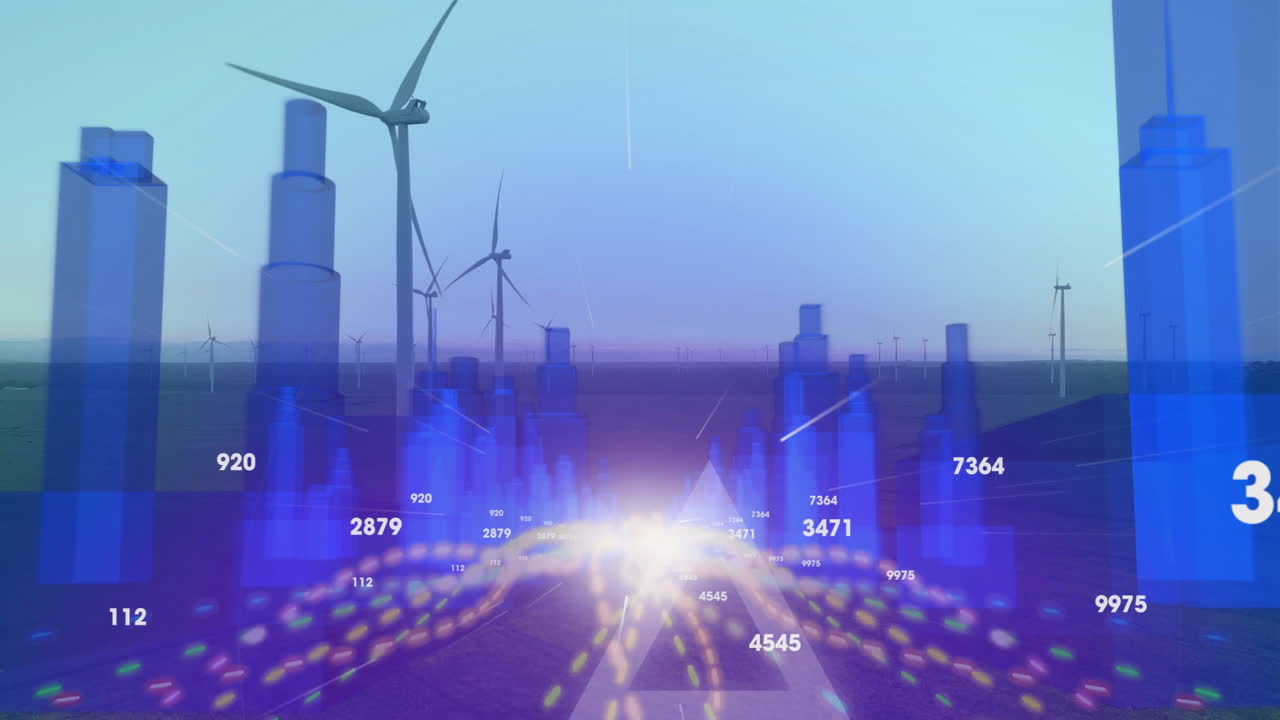 Animation of wind turbines and data graphs over cityscape at sunset