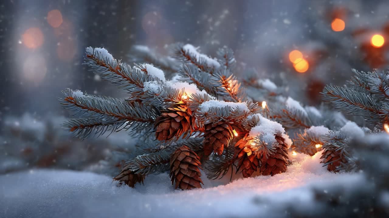 Beautiful Winter Scene Featuring Snow-Covered Pine Branches with Glowing Pine Cones Illuminated by Soft Lights in a Serene, Snowy Environment