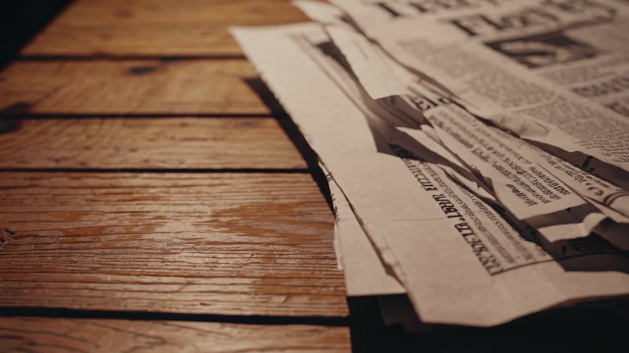 Close-up video shot of stacked newspapers on a wooden table, highlighting vintage typography