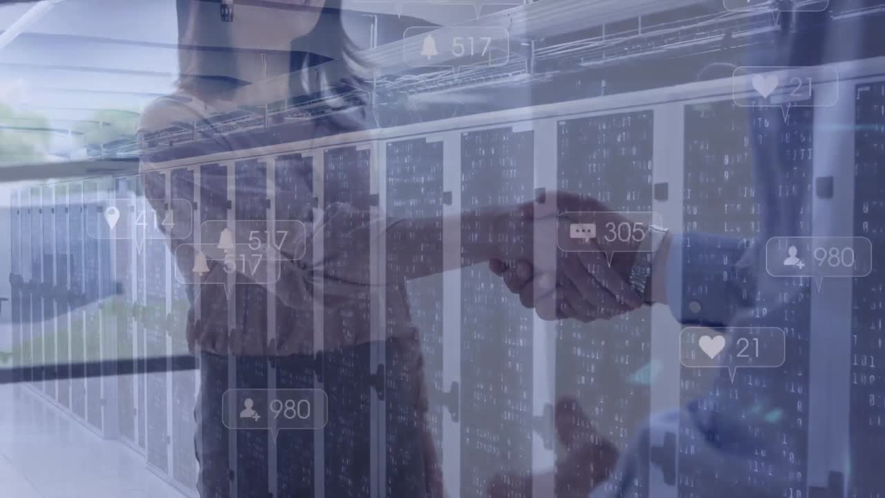 다양한 사업가들이 손을 흔들고 있는 데이터 처리 애니메이션