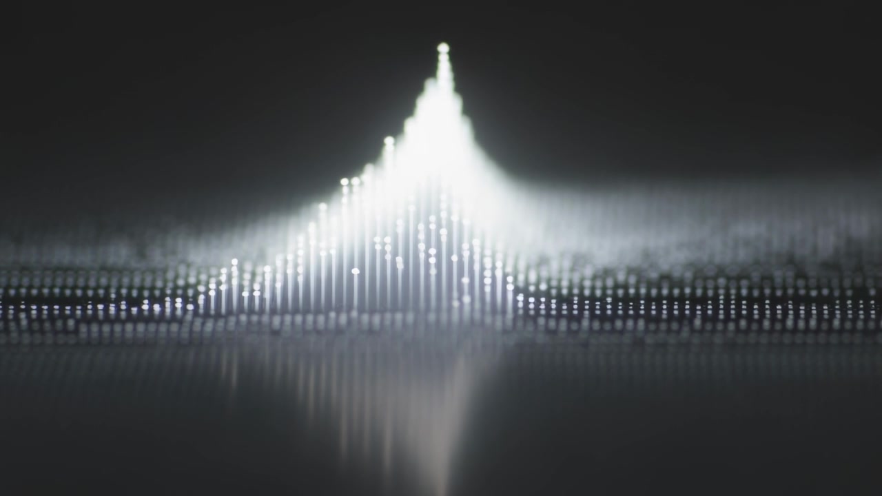 Playback starting, animating illuminated waveform visualizing signal at dark screen, mirror below