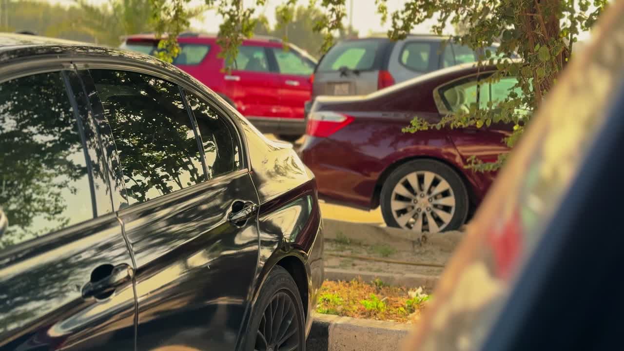 Una berlina nera parcheggiata in un parcheggio esterno soleggiato. Gli alberi si riflettono nel finestrino durante l'ora d'oro. La bassa profondità di campo mostra veicoli sfocati sullo sfondo.